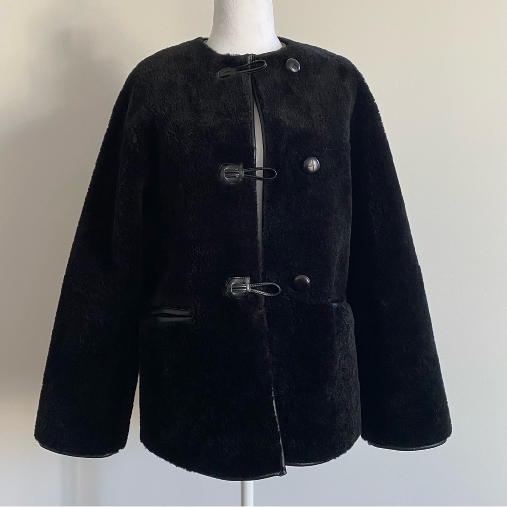 Mango black faux fur jacket XS